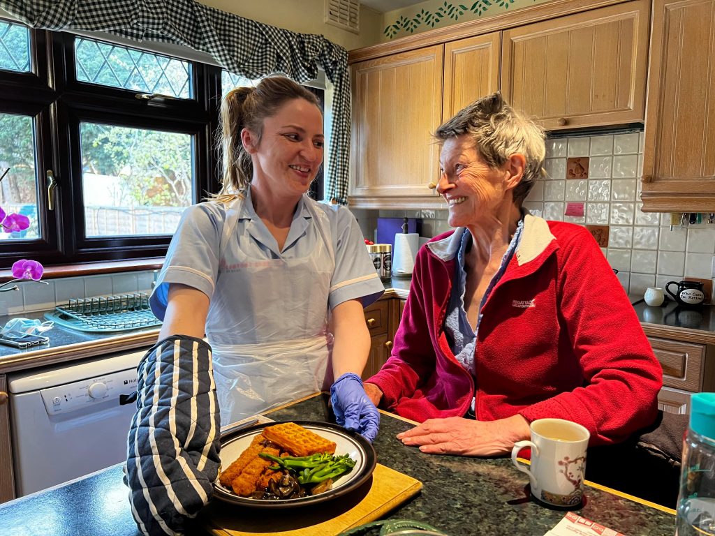 Comfort Care at Home carer making dinner for elderly lady